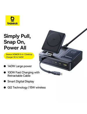 Stație de încărcare wireless Baseus Nomos 5in1 cu afișaj digital și porturi multiple