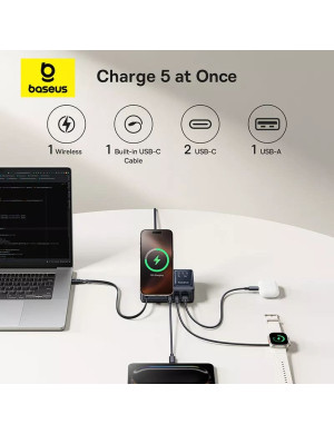 Stație de încărcare wireless Baseus Nomos 5in1 cu afișaj digital și porturi multiple