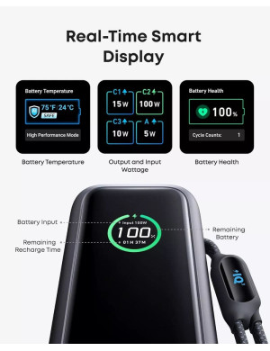 Powerbank ANKER A1695H11 25000mAh 165W cu cabluri USB-C integrate, Grey