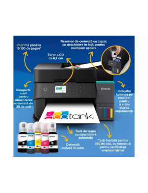 Multifuncțional InkJet CISS Epson EcoTank L6370 C11CL43403, Color, A4, Duplex, Wi-Fi, LAN și USB, Negru