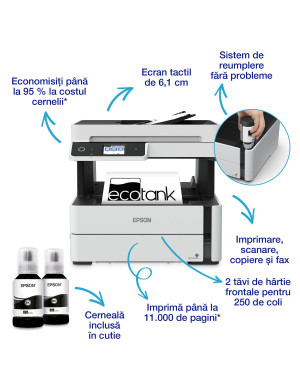 Multifunctional Epson EcoTank M3170, InkJet CISS, Monocrom, A4, Retea, Wi-Fi, Alb/Negru