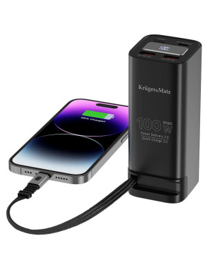 PowerBank KRUGER & MATZ KM0915, 20000 mAh, 100W, 2 x USB-A, 1 x USB-C, Cablul USB-C incorporat, Black