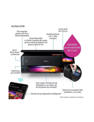Multifunctional InkJet color EPSON EcoTank L8180 C11CJ21402, A3+, Wi-Fi, LAN și Duplex automat, Negru