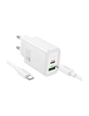 Incarcator retea HOCO N63, 30W, 1x USB-C, 1x USB-A, White + Cablu USB-C
