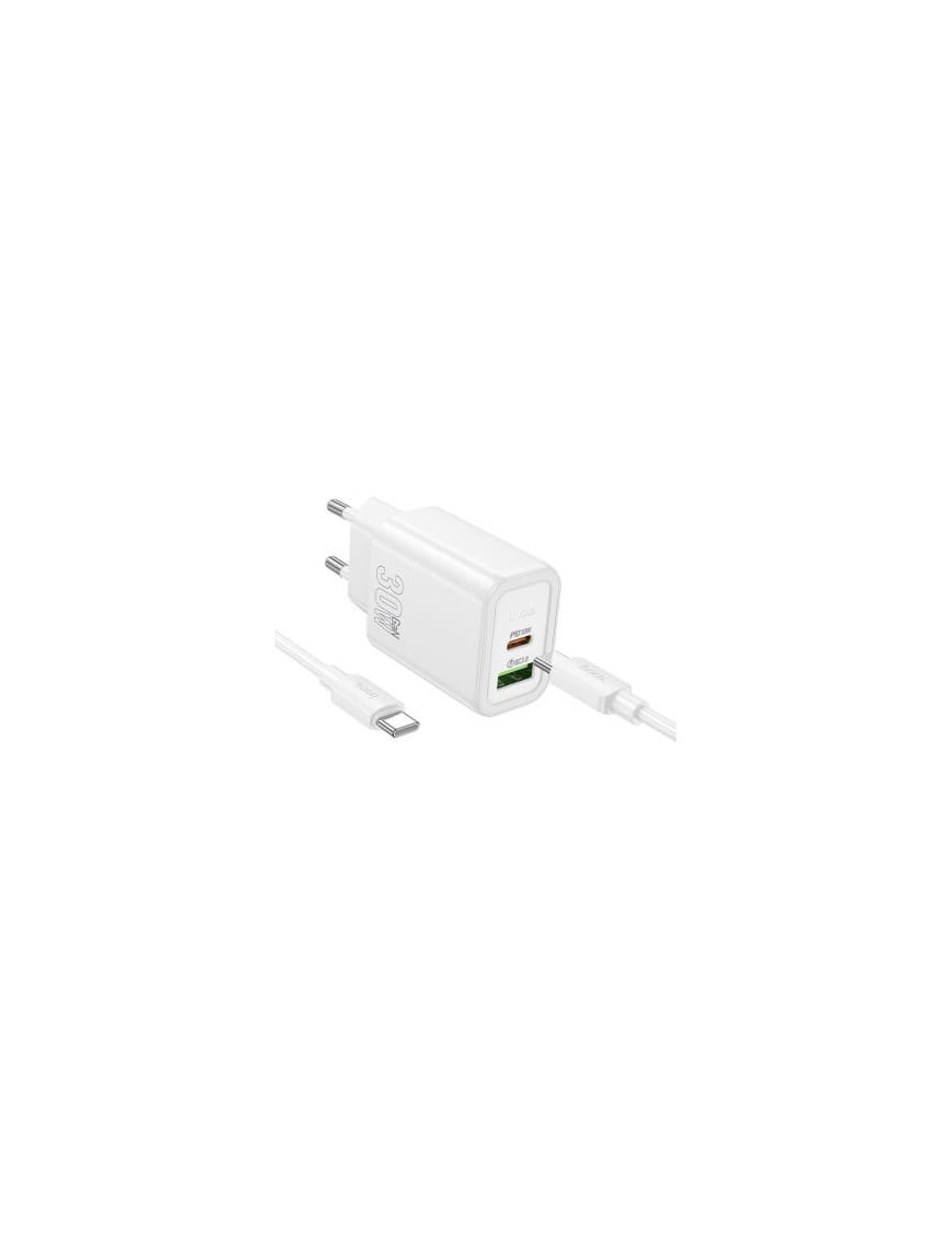 Incarcator retea HOCO N63, 30W, 1x USB-C, 1x USB-A, White + Cablu USB-C