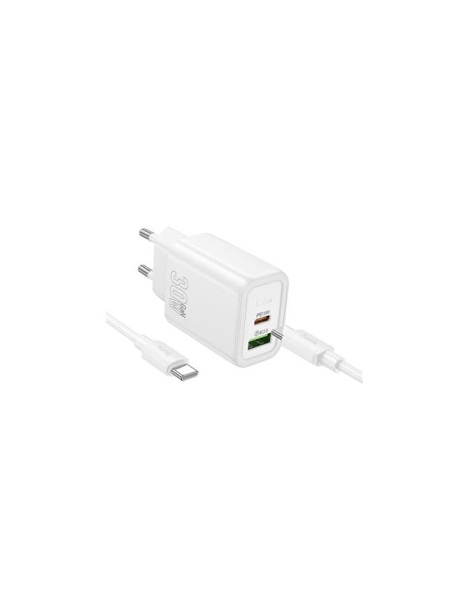 Incarcator retea HOCO N63, 30W, 1x USB-C, 1x USB-A, White + Cablu USB-C