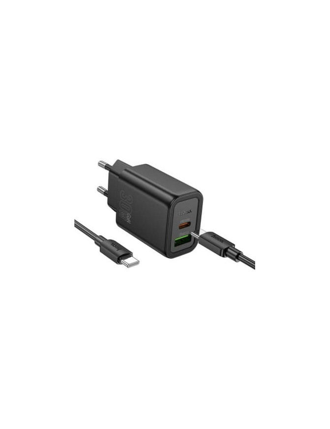 Incarcator retea HOCO N63, 30W, 1x USB-C, 1x USB-A, Black + Cablu USB-C