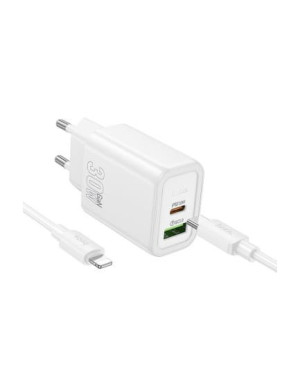 Incarcator retea HOCO N63, 30W, 1x USB-C, 1x USB-A, White + Cablu Lightning