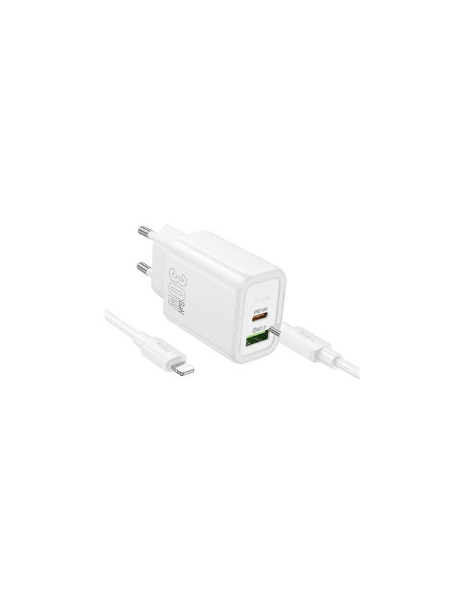 Incarcator retea HOCO N63, 30W, 1x USB-C, 1x USB-A, White + Cablu Lightning