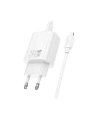 Incarcator retea HOCO N63, 30W, 1x USB-C, 1x USB-A, White + Cablu Lightning