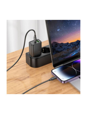 Incarcator retea HOCO N63, 30W, 1x USB-C, 1x USB-A, Black + Cablu Lightning