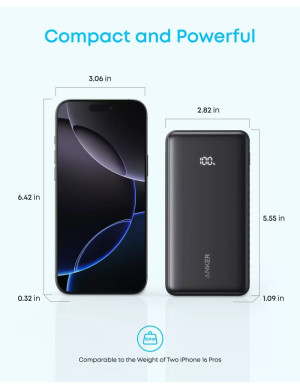 PowerBank ANKER Zolo A110EH11, 20000 mAh, 22.5W, USB-A, USB-C, Cablul USB-C incorporat, Black