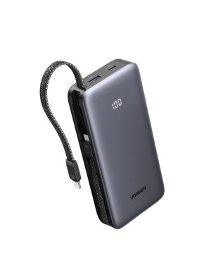 PowerBank UGREEN PB528, 20000 mAh, 30W, 1 x USB-C, 1 x USB-A, 2 x Cablu USB-C incorporabil, Gray