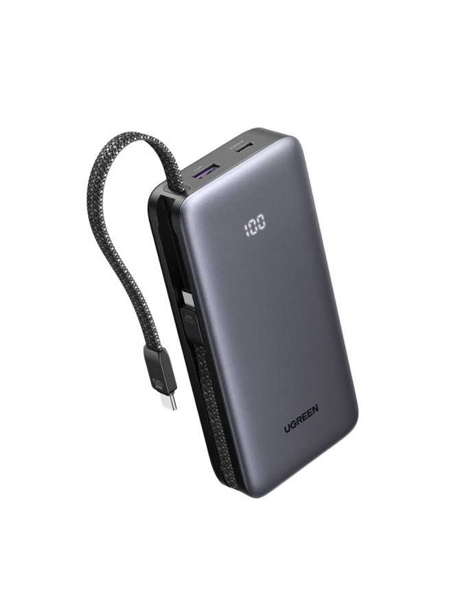 PowerBank UGREEN PB528, 20000 mAh, 30W, 1 x USB-C, 1 x USB-A, 2 x Cablu USB-C incorporabil, Gray