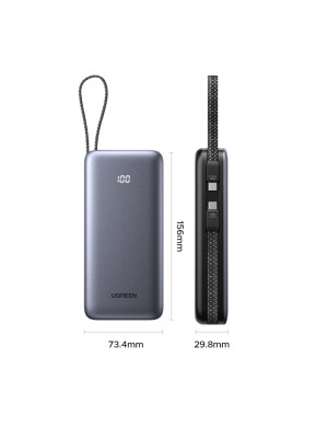 PowerBank UGREEN PB528, 20000 mAh, 30W, 1 x USB-C, 1 x USB-A, 2 x Cablu USB-C incorporabil, Gray