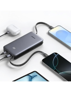 PowerBank UGREEN PB528, 20000 mAh, 30W, 1 x USB-C, 1 x USB-A, 2 x Cablu USB-C incorporabil, Gray