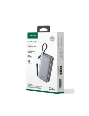 PowerBank UGREEN PB528, 20000 mAh, 30W, 1 x USB-C, 1 x USB-A, 2 x Cablu USB-C incorporabil, Gray