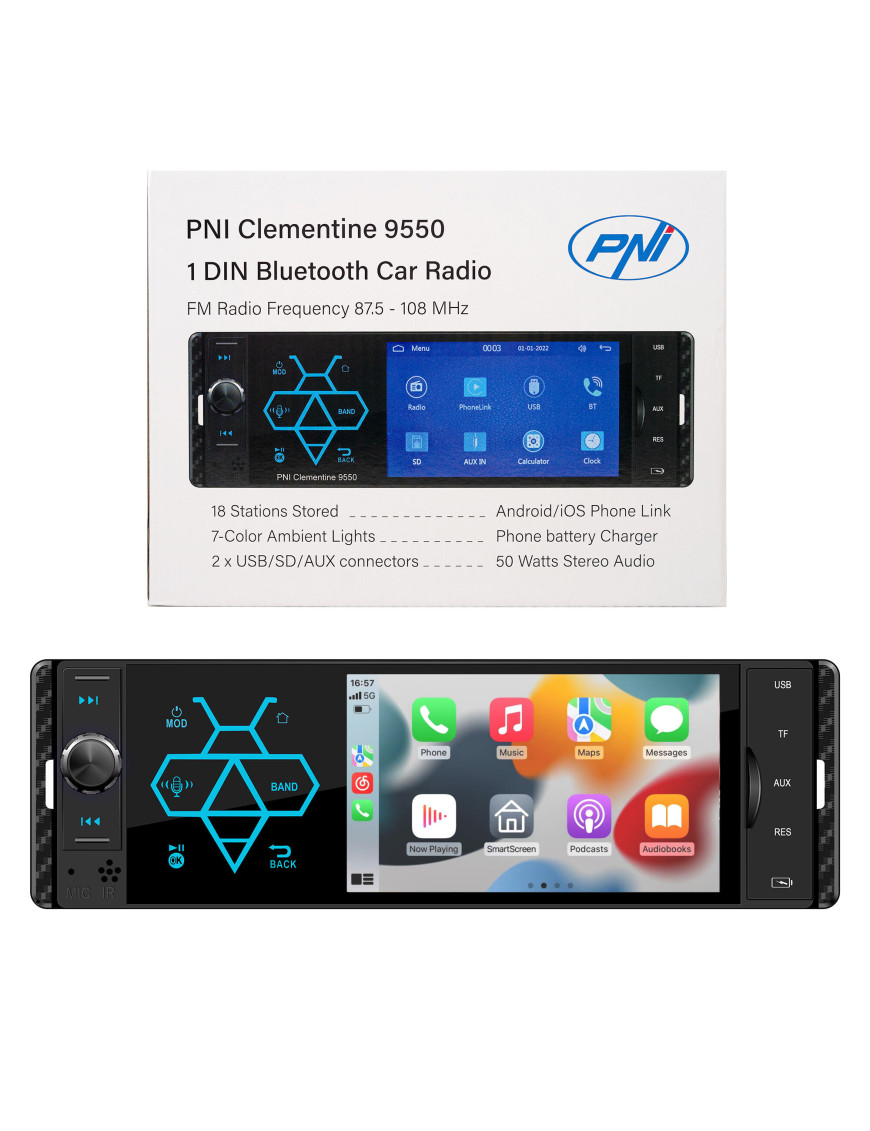 MP5 player auto PNI Clementine 9550 1DIN display 4 inch 50Wx4 PNI-MP5-9550, Bluetooth, radio FM, Carplay, functie RDS