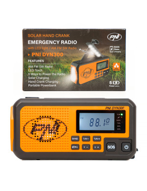 Radio portabil PNI-DYN300, cu dinam, incarcare solara, lanterna, powerbank 4000 mAh, SOS, IPX3, orange, kit Blackout