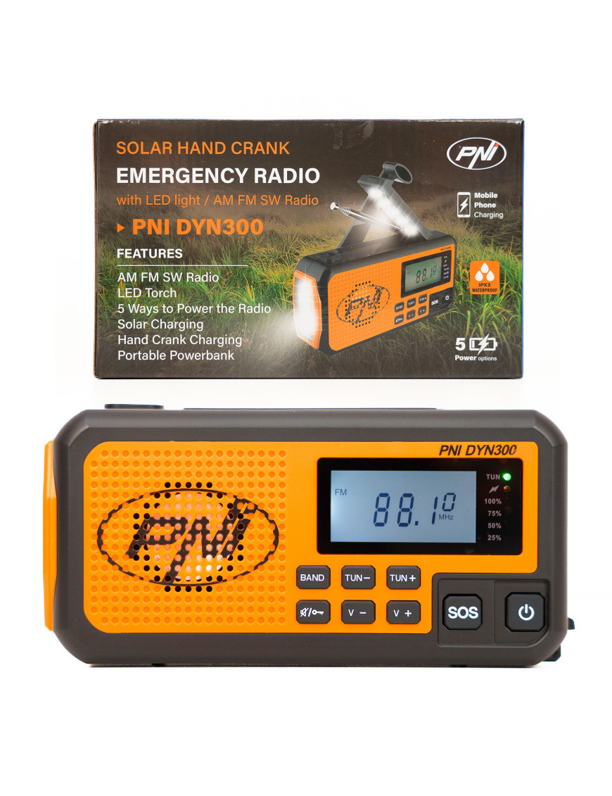 Radio portabil PNI-DYN300, cu dinam, incarcare solara, lanterna, powerbank 4000 mAh, SOS, IPX3, orange, kit Blackout