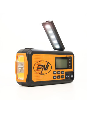 Radio portabil PNI-DYN300, cu dinam, incarcare solara, lanterna, powerbank 4000 mAh, SOS, IPX3, orange, kit Blackout
