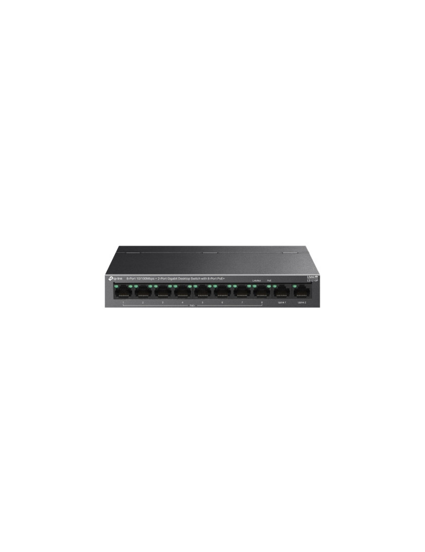 Switch TP-LINK LS1210P, 8-Port Fast Ethernet PoE+ Switch with 2 Gigabit Uplink Ports, 96W, Black