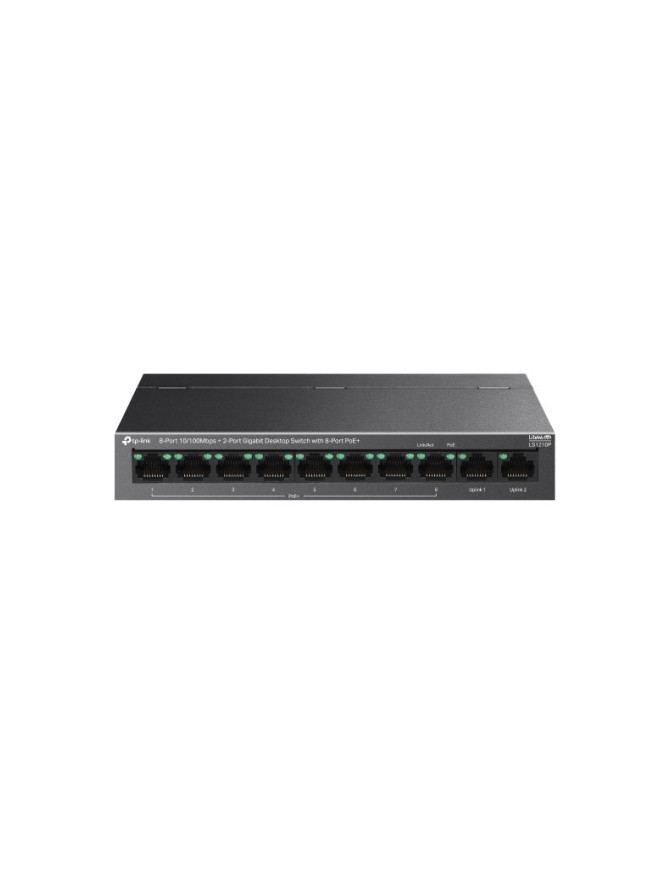 Switch TP-LINK LS1210P, 8-Port Fast Ethernet PoE+ Switch with 2 Gigabit Uplink Ports, 96W, Black