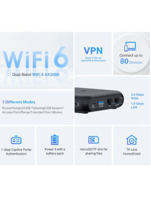 Router portabil TP-LINK TL-WR3002X, dual-band AX3000, Wi-Fi 6, 1 x 2.5 Gbps port WAN, 1 x USB 3.0, Black