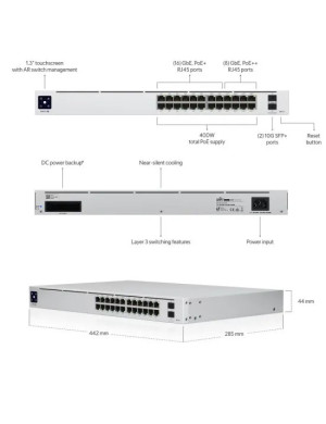Switch PoE UBIQUITI UniFi Switch PRO cu 24 porturi Gigabit, 2xSFP+, managed, rackabil - USW-PRO-24-POE, Silver