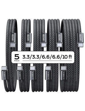 Cablu de date si incarcare LISEN YL0123070010, USB-C - USB-C, 60W, Set 5 bucati (2x1m, 2x2m, 1x3m), Negru