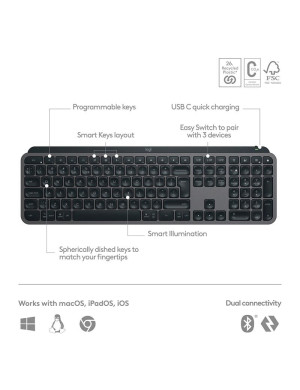 Tastatura wireless LOGITECH MX Keys S 920-011587, Iluminare, Bluetooth, USB-C, Graphite