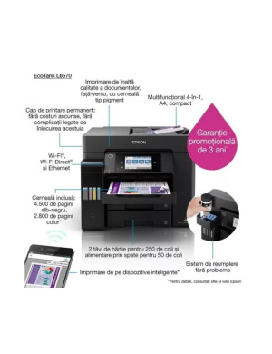 Multifunctional inkjet color CISS Epson EcoTank L6570 C11CJ29402, Duplex, Wireless, ADF, A4, Negru