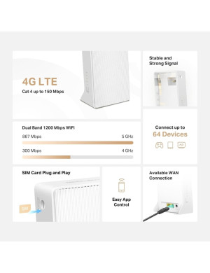 Router wireless MERCUSYS AC1200 MB130-4G, 4G LTE, 802.11ac/a/b/g/n, 300 - 867 Mbps, Alb