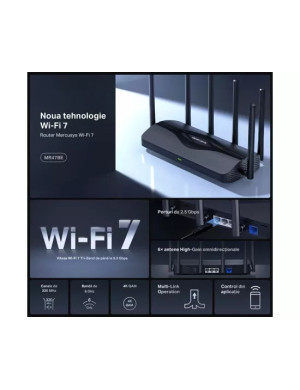Router Wireless MERCUSYS MR47BE, Tri-Band, Wi-Fi 7, 2.4/6 GHz, 574 + 5760 Mbps, Black