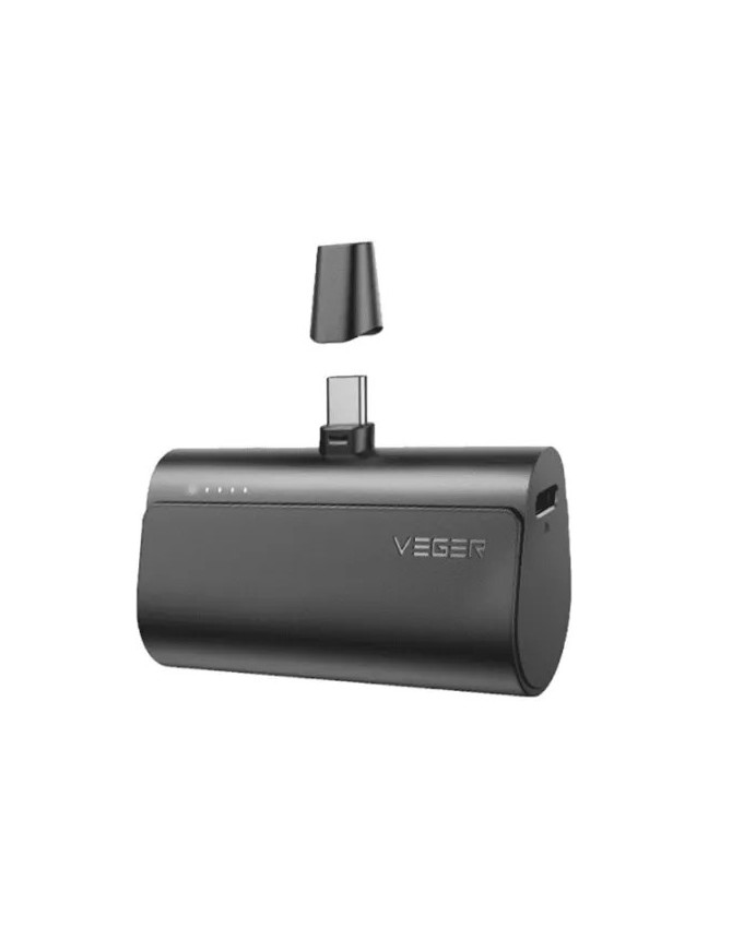 PowerBank VEGER Mini Plug On W0556, 5000 mAh, USB Type-A, USB Type-C, Black